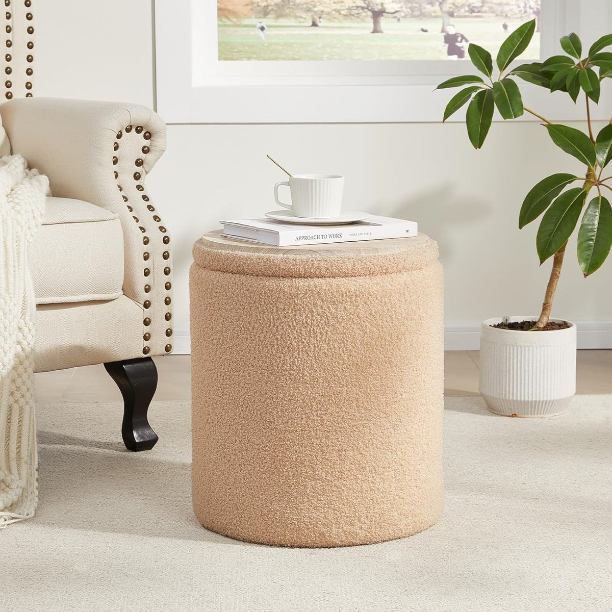 Boucle Round Ottoman with Storage Set of 2,Small Foot Stool Ottoman for Living Room, Small Coffee