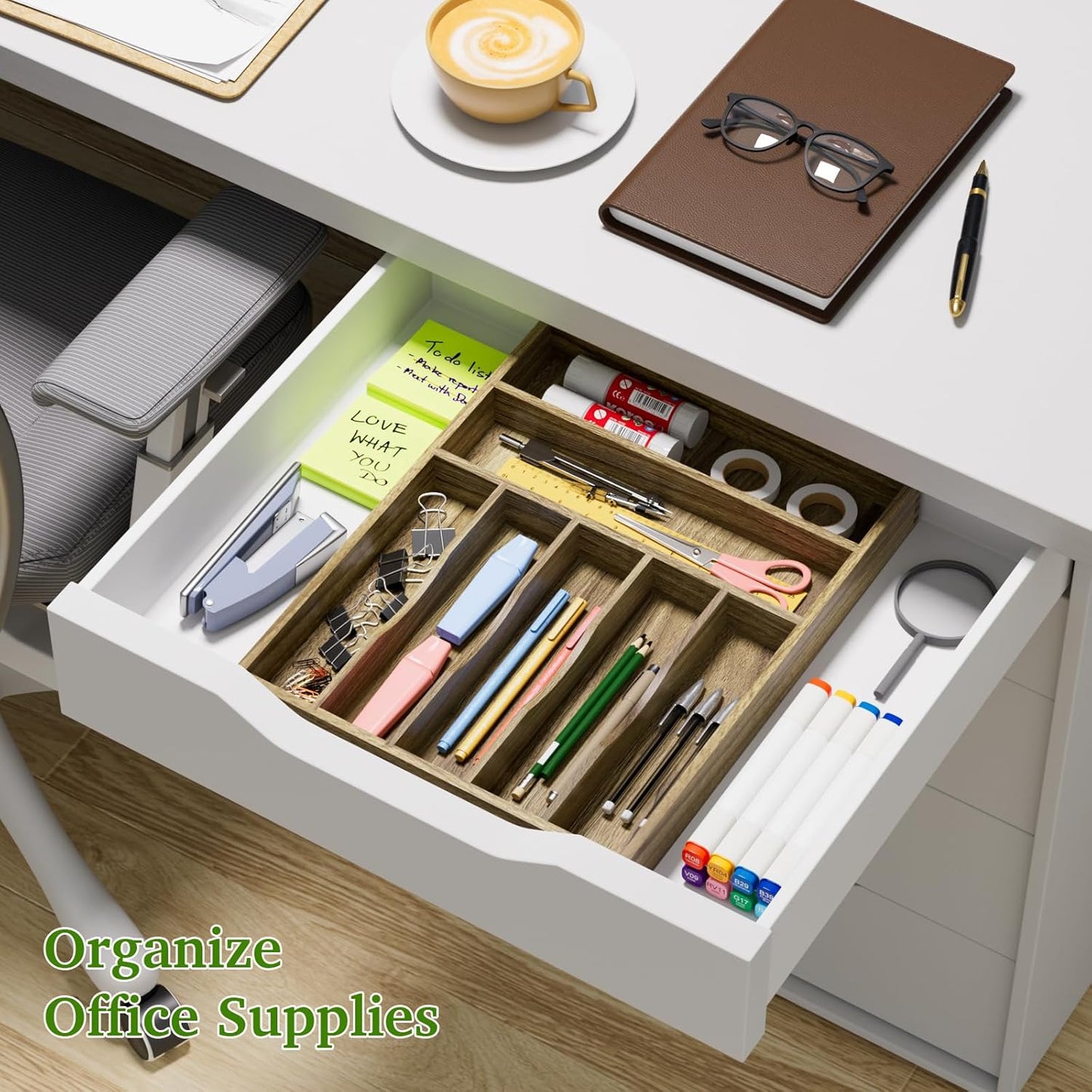 Acacia Wood Silverware Drawer Organizer, Kitchen Utensil Cutlery Drawer Organizer with Grooved