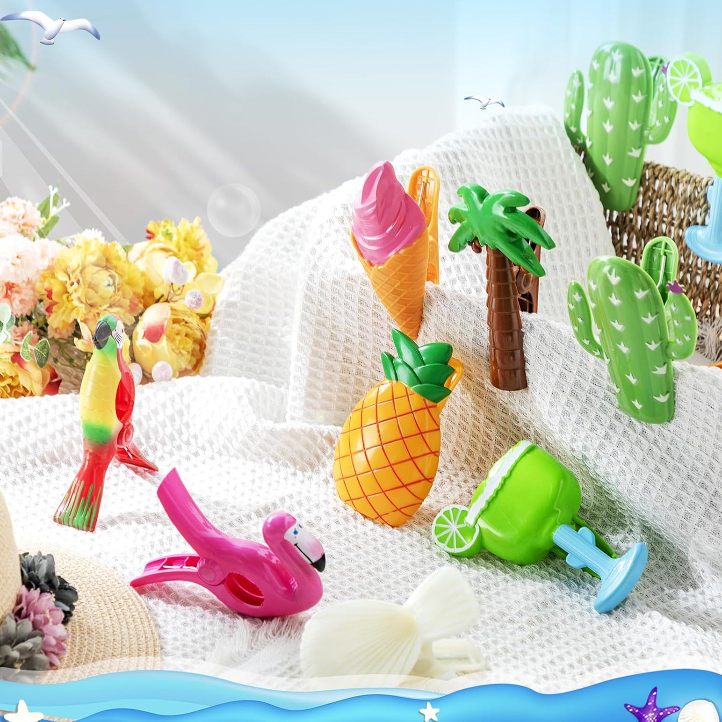 Rtteri 16 Pcs Beach Towel Clips for Beach Chairs Cute Towel Holder Cruise Clothes Pins for Lounge