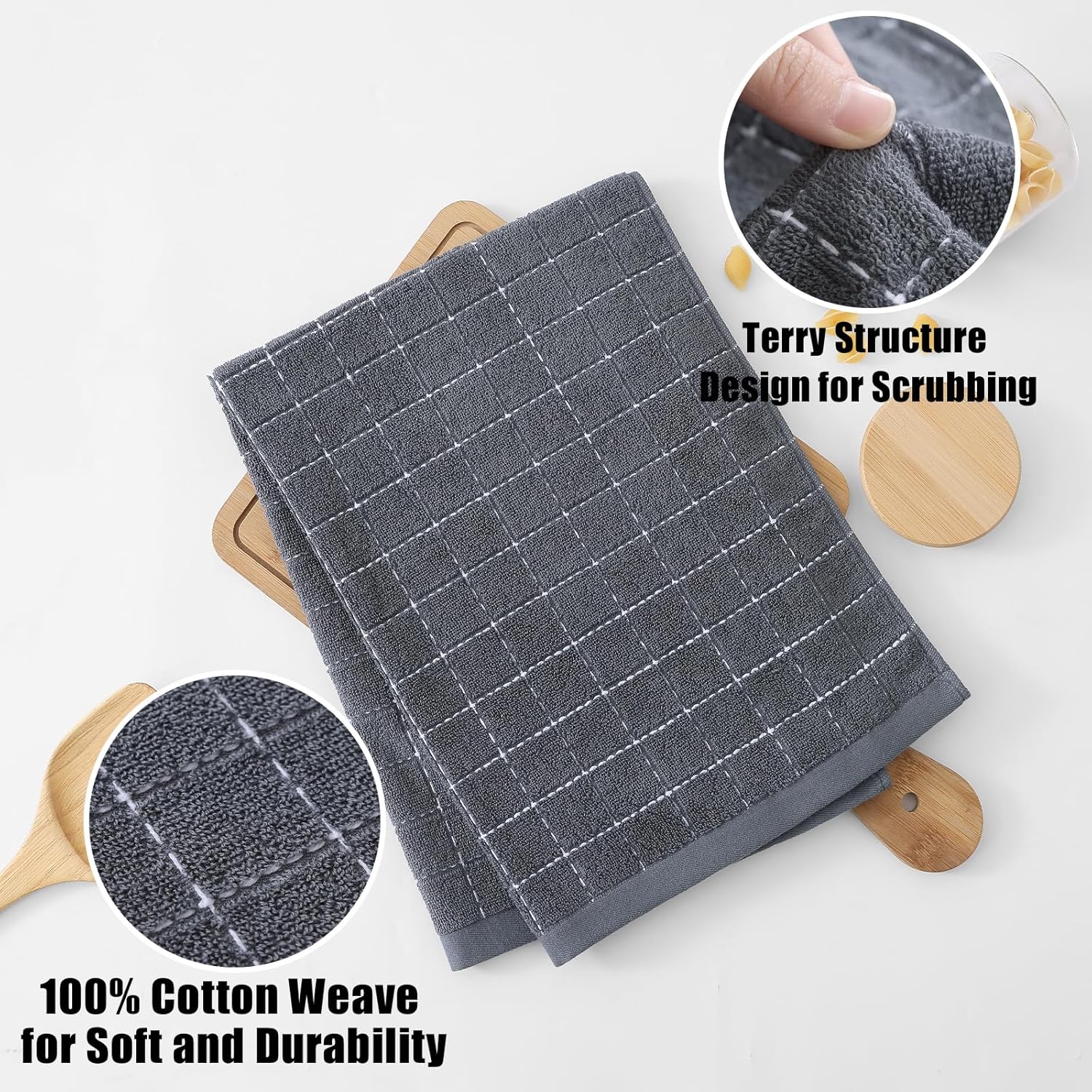 Homaxy 100% Cotton Terry Kitchen Towels(Dark Grey, 20 x 28 inches), Checkered Designed, Soft and