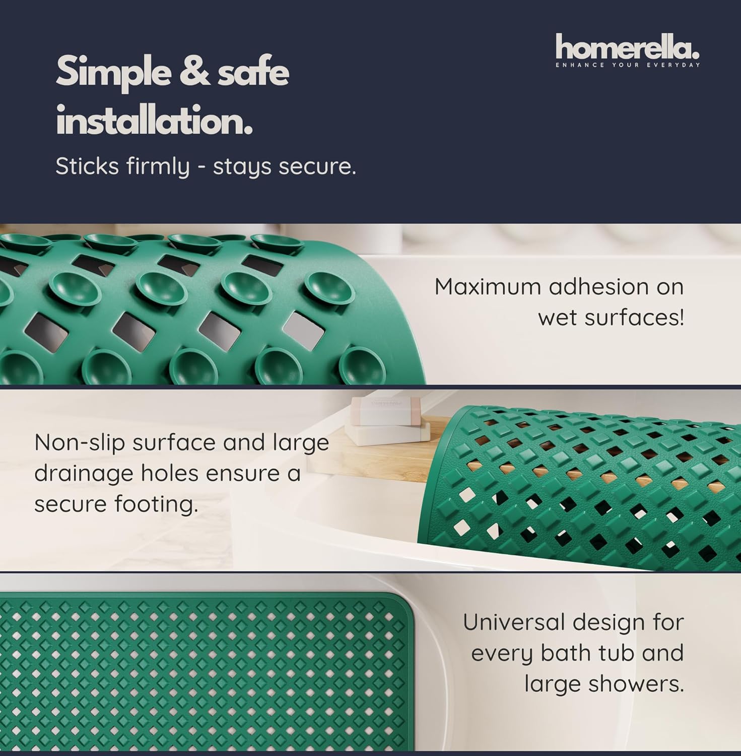 homerella® Bathtub Mat Non Slip 35x16, Incl. Hooks for Drying, Extra Long, 100% BPA Free, Shower