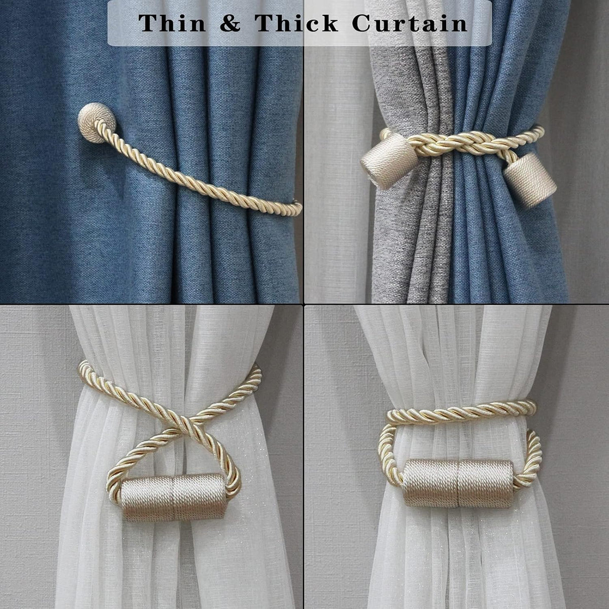 6 Pack Beige Strong Magnetic Curtain Tiebacks Outdoor Elegant Decorative Tie Backs Modern Rope