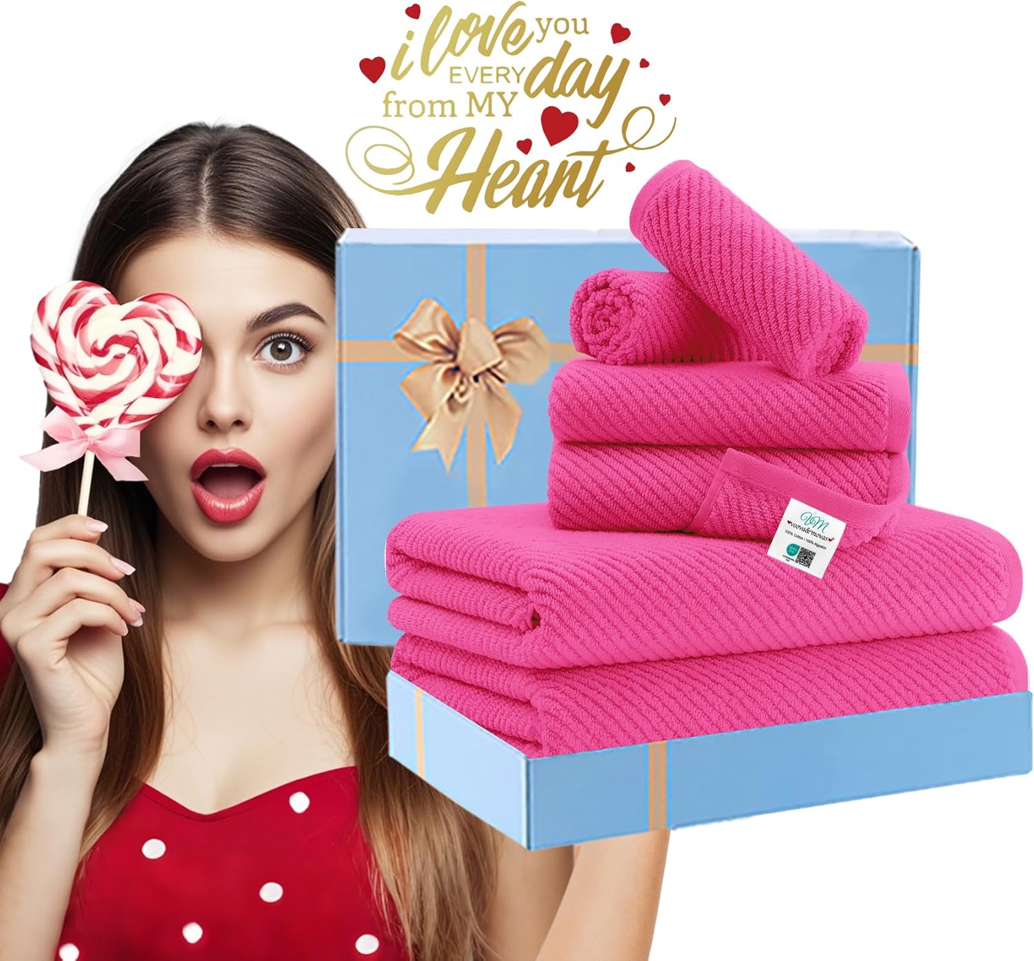 Hot Pink Towels - 100% Cotton, Soft, Quick Dry, Lightweight, Towel Set of 6, 2 Large Bath 30"x56"