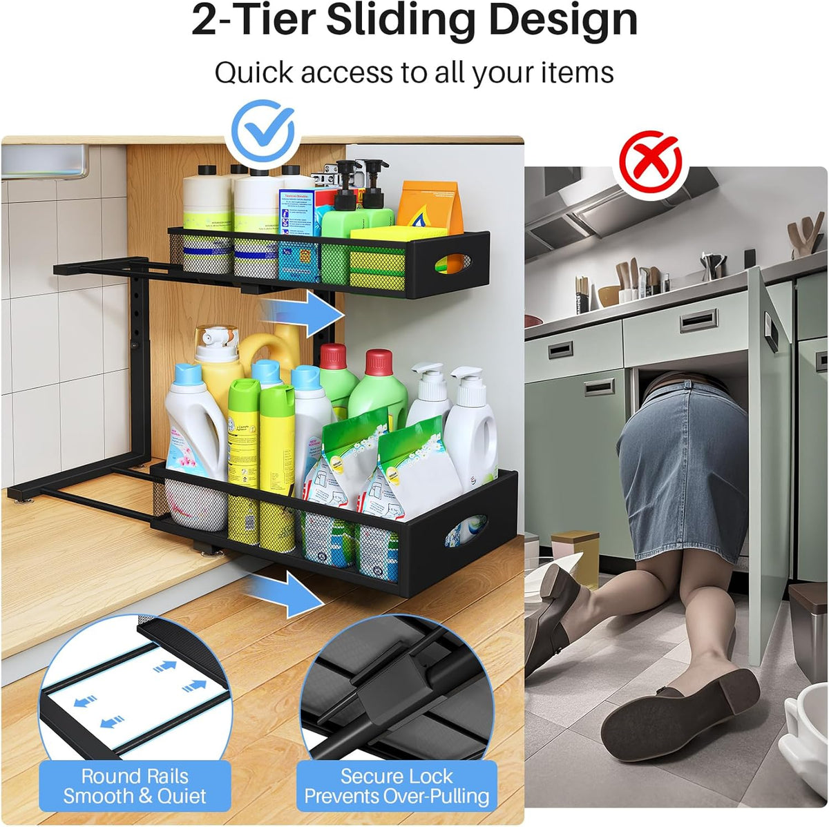 Under Sink Organizer, 2 Tier Pull Out Under Cabinet Organizer Shelf with Pad for Framed Cabinets