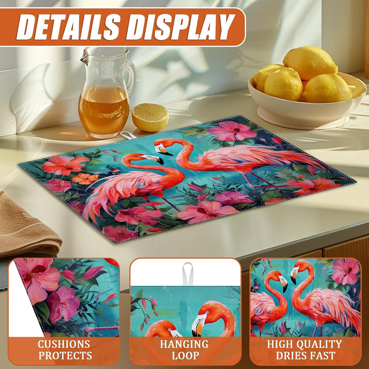 Tropical Flower Flamingo Dish Drying Mat for Kitchen Counter Microfiber Absorbent Dish Kitchen