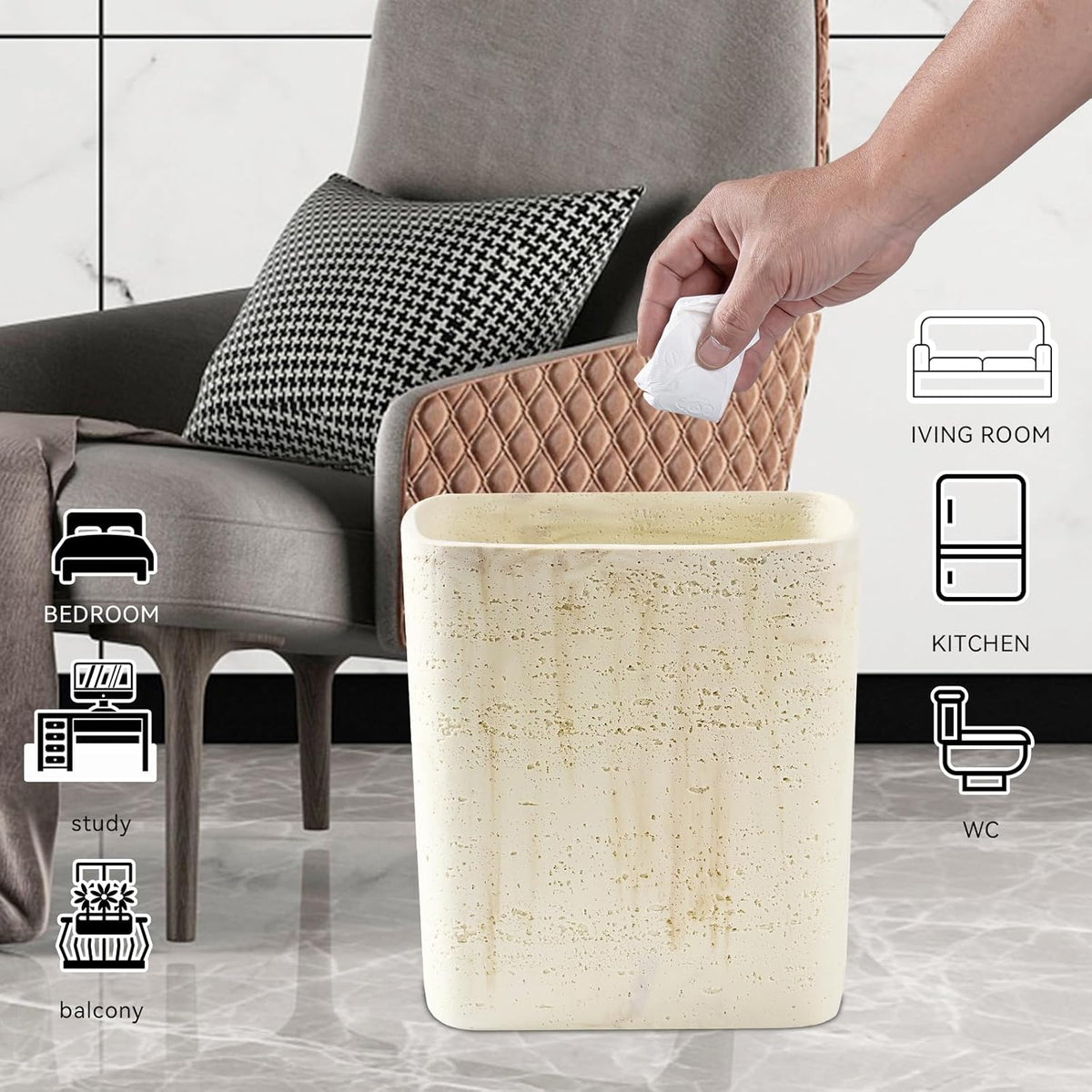 Polytree Natural Travertine Textures Bathroom Trash Can 1.8 Gallon(7 Liter) Small Kitchen Garbage