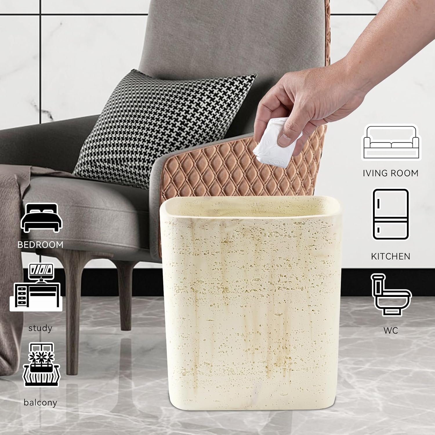 Polytree Natural Travertine Textures Bathroom Trash Can 1.8 Gallon(7 Liter) Small Kitchen Garbage