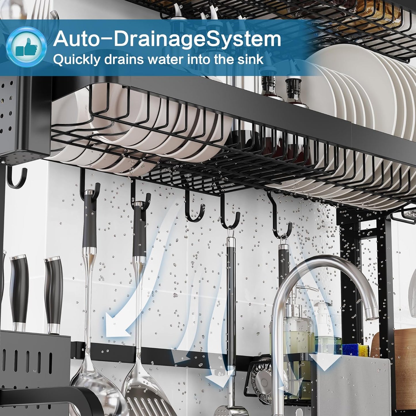 Over The Sink Dish Drying Rack,3 Tier Adjustable Length Full Stainless Steel Large Storage Kitchen