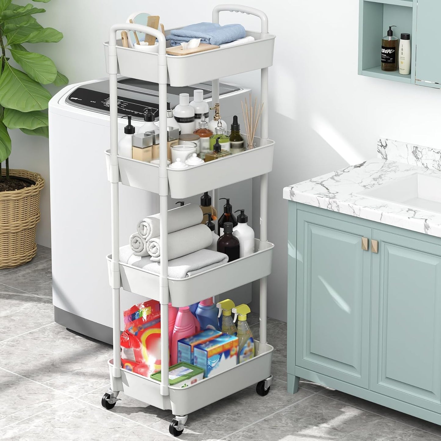 Sywhitta 4-Tier Plastic Rolling Utility Cart with Handle, Multi-Functional Storage Trolley for