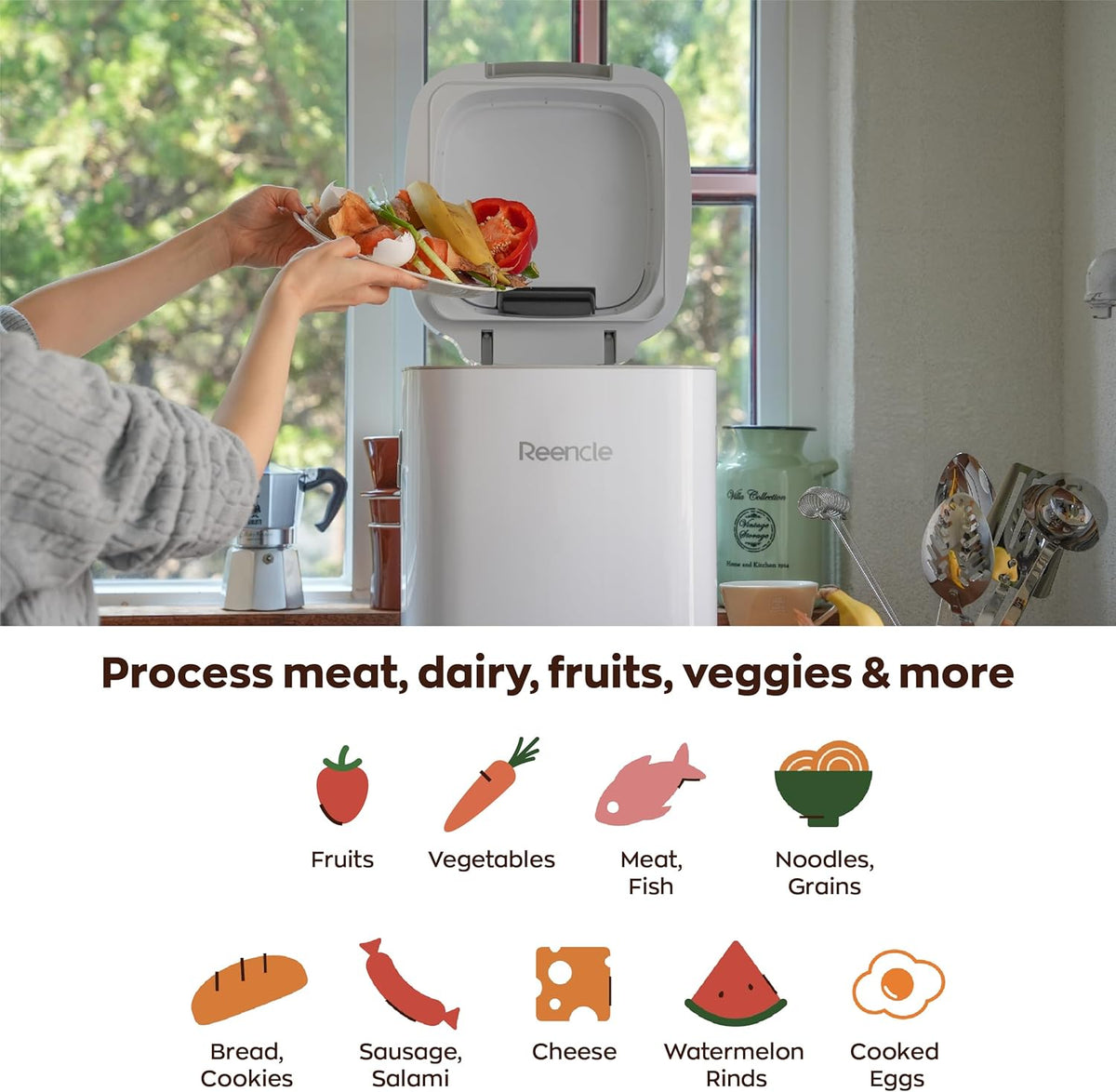 Reencle Prime Electric Composter - 14L Kitchen Composter, Decomposes Up to 2.2 lbs Food Waste