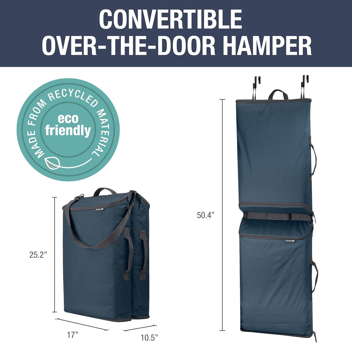 CleverMade Convertible Laundry Hamper Bag - Ocean Dark Charcoal holds 43L / 40 lbs 2 Compartments