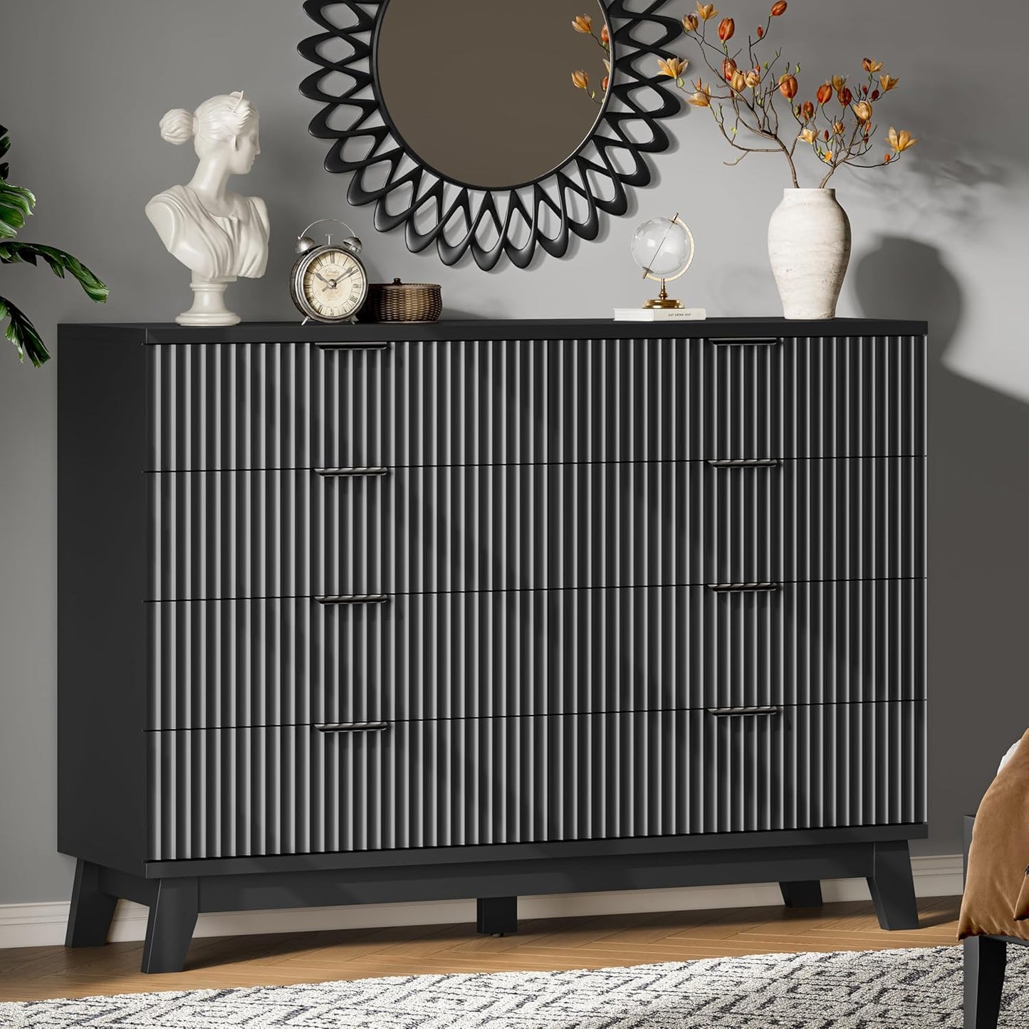 Fluted Dresser with 8 Drawers, 54" Wide Modern Chest of Drawers with Metal Handle, Wooden Dresser