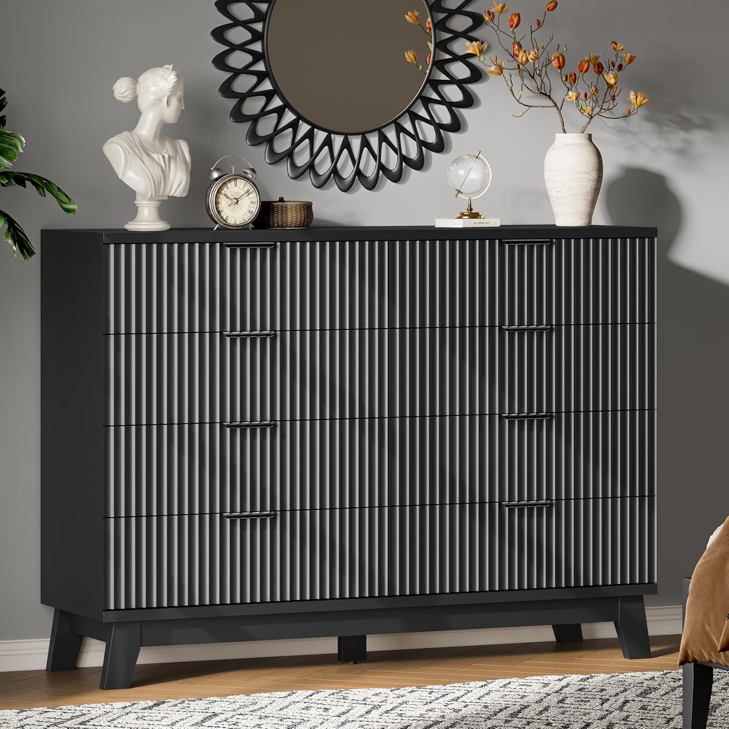 Fluted Dresser with 8 Drawers, 54" Wide Modern Chest of Drawers with Metal Handle, Wooden Dresser