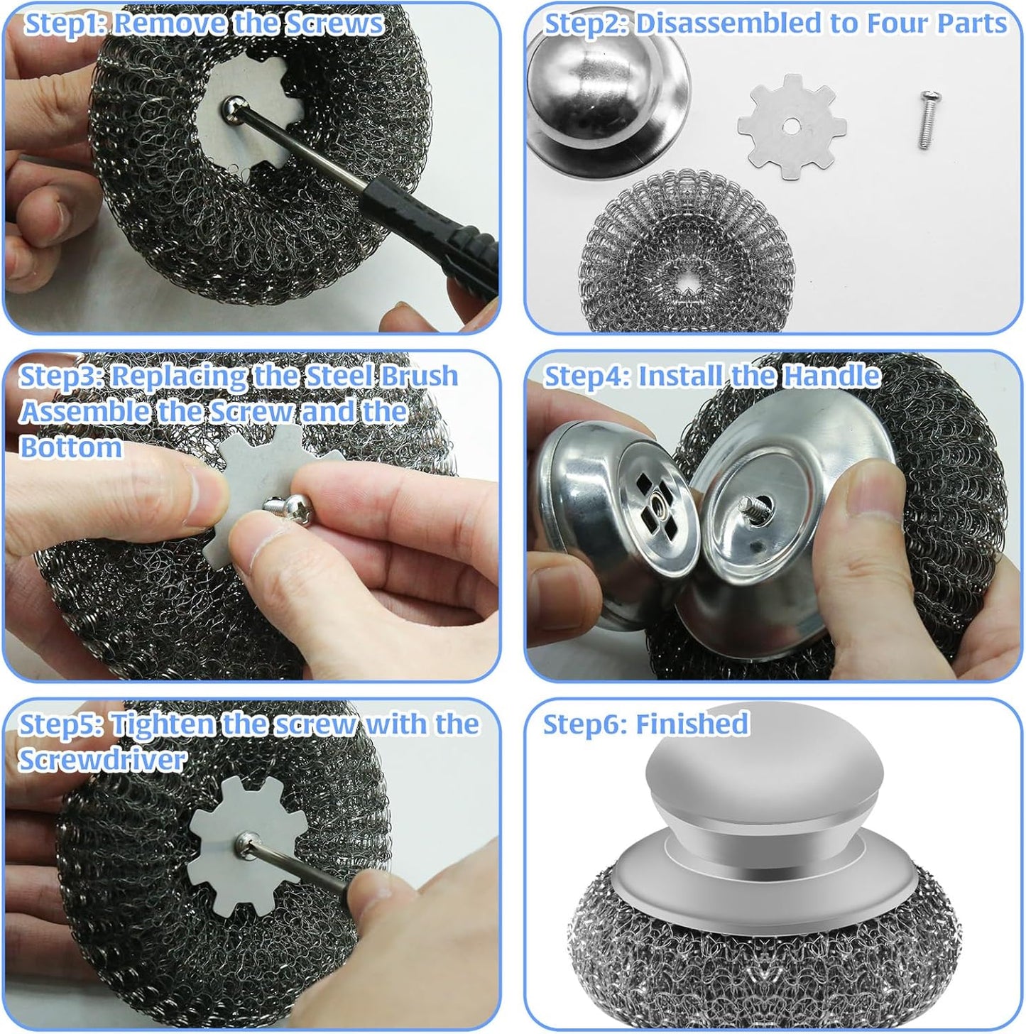 2Pcs Stainless Steel Wool Scrubber Sets, Dish Scrubber with Long Short Handle Stainless Steel