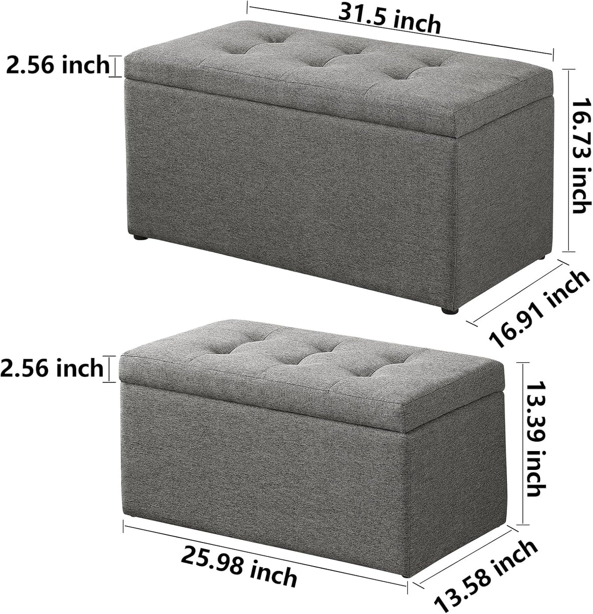 Storage Ottoman Bench with 2.56-inch Thick Seat, 31.5 inch Nesting Ottoman Set of 2, Hinged Flip