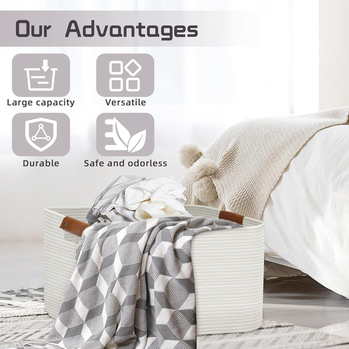 Large Collapsible Laundry Basket, Clothes Hamper for Blanket, Toy, Towels, Woven Baskets for