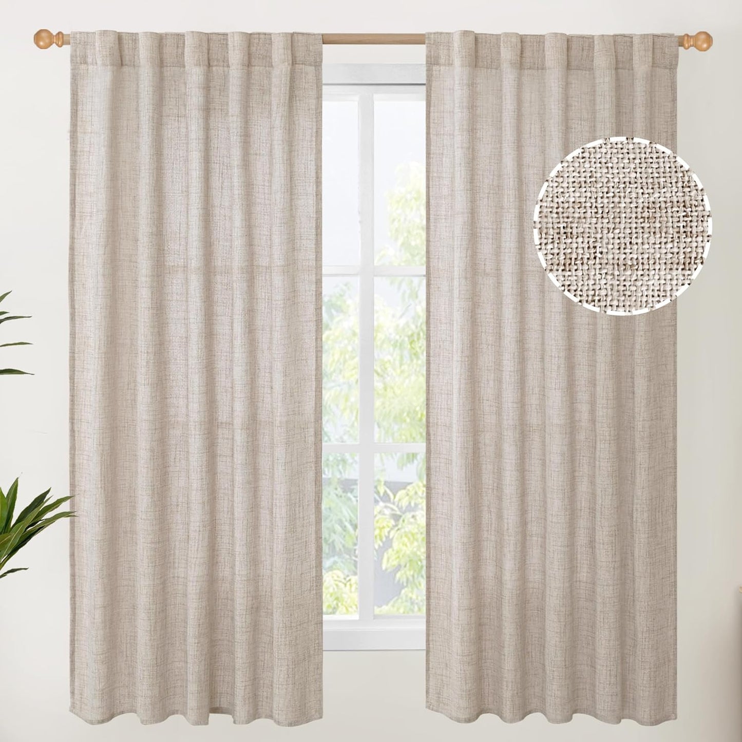 YoungsTex Linen Semi Sheer Curtains 63 Inch Length 2 Panels for Window, Light Filtering Drapes Rod