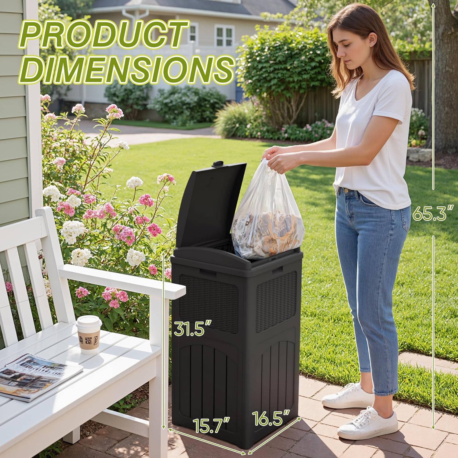 Greesum 33 Gallon Outdoor Trash Can with Lid (2-Pack), Heavy Duty Resin Garbage Bin, Waterproof &