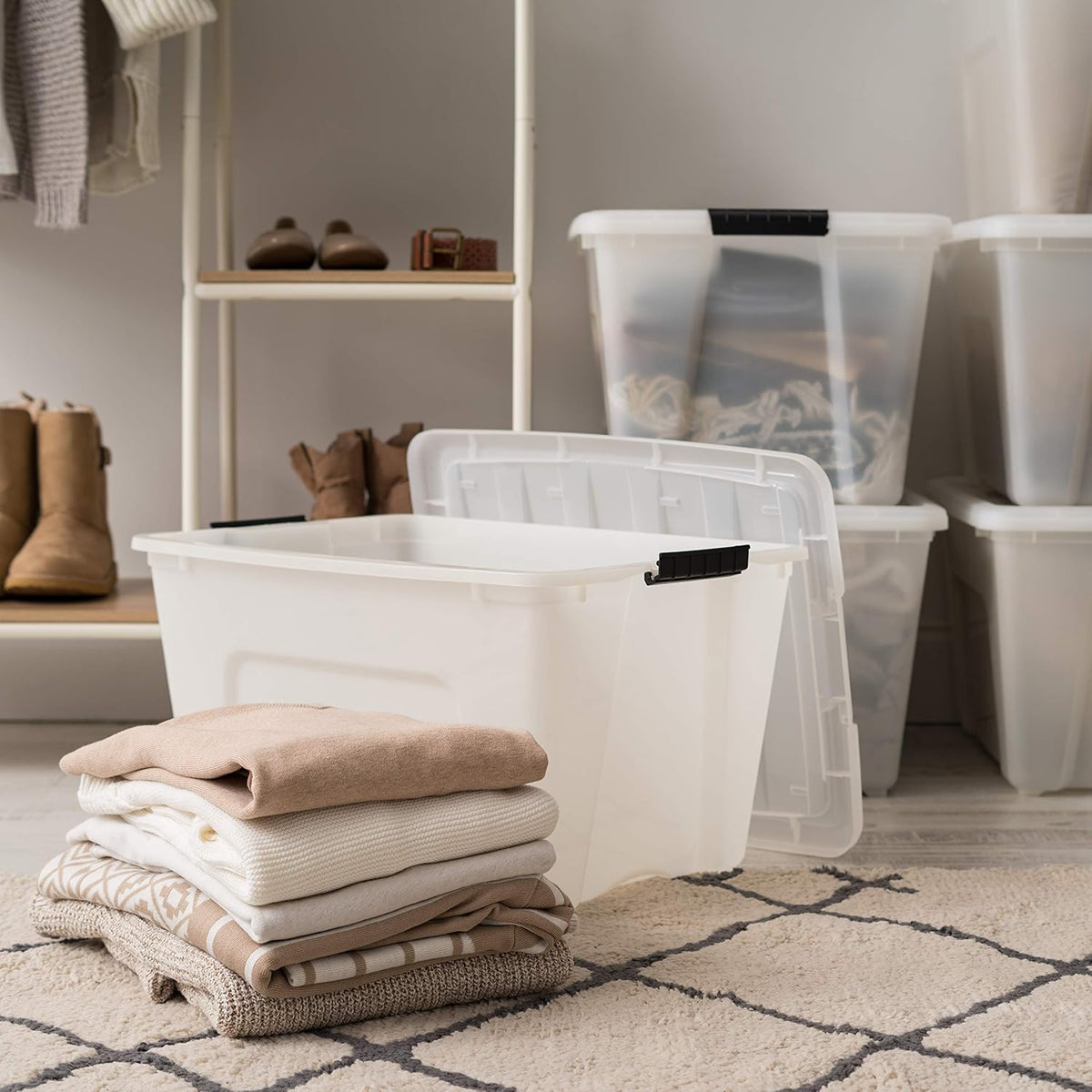 IRIS USA 54 Qt Stackable Plastic Storage Bins with Lids, 4 Pack - BPA-Free, Made in USA - Discreet