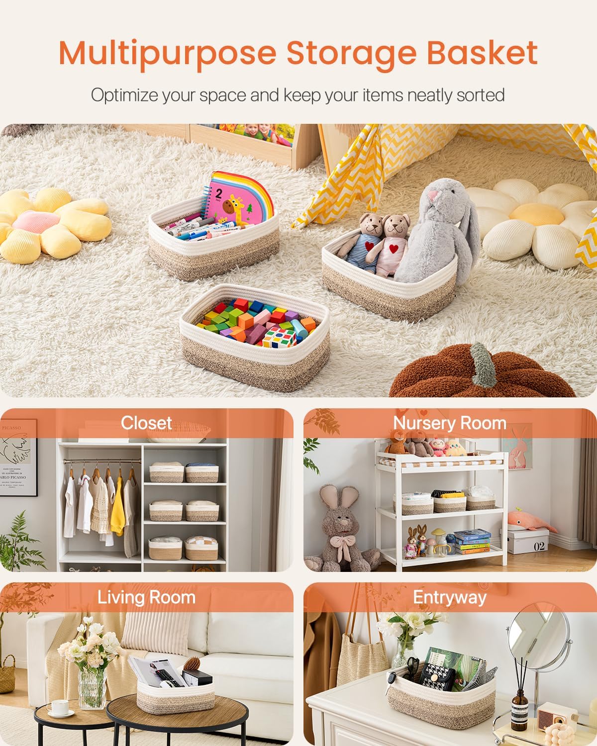 Small Woven Basket, 12 x 8 x 4.5 Inches, Storage Basket for Organizing, Cute Small Rope Shelf