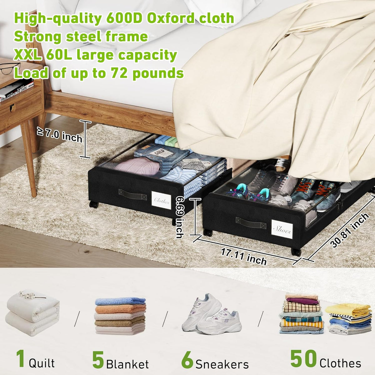 Under Bed Storage with Wheels, 2-Pack Under the Bed Storage Containers with Clear Lids & Label