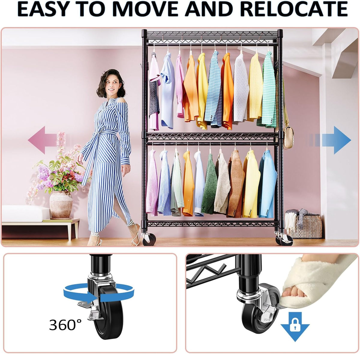 IZEUK 3 Tier Heavy Duty Rolling Garment Rack Wire Clothes Rack for Hanging Clothes, Metal