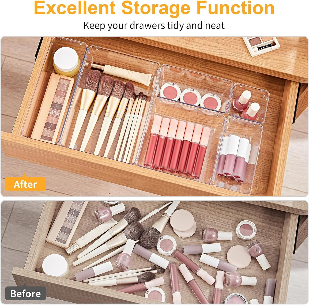 SMARTAKE 13-Piece Drawer Organizers with Non-Slip Silicone Pads, 5-Size Desk Bathroom Drawer