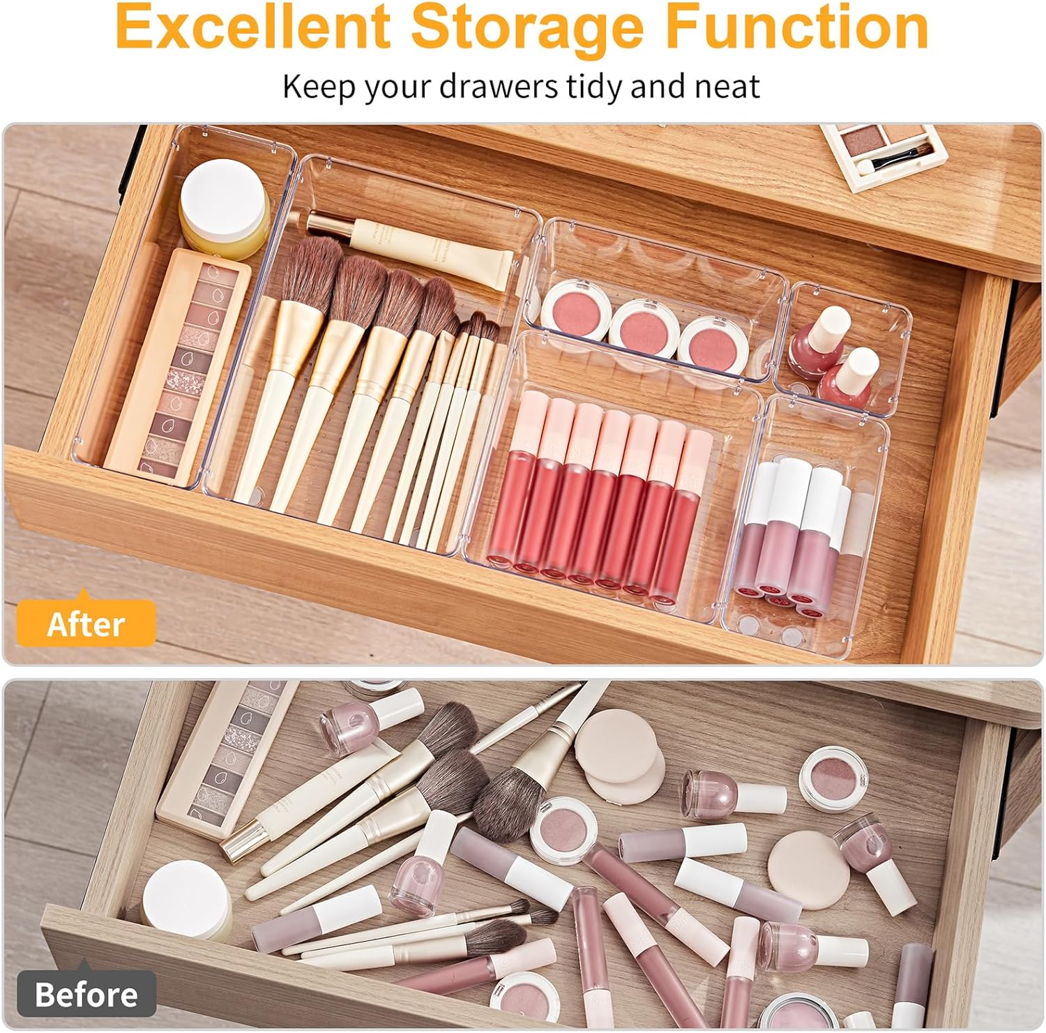 SMARTAKE 22-Piece Drawer Organizer with Non-Slip Silicone Pads, 5-Size Clear Desk Drawer Organizer