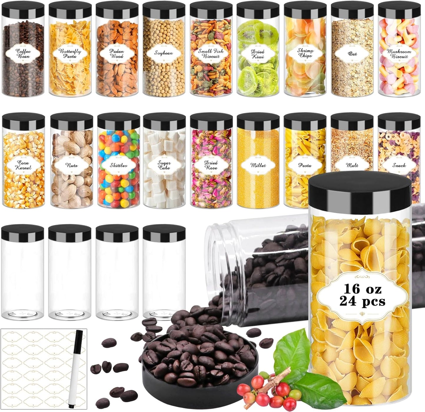 Plastic Jars with Lids 16 OZ, Plastic Jars 24 Pcs Slime Containers with Airtight Screw On Lids Leak