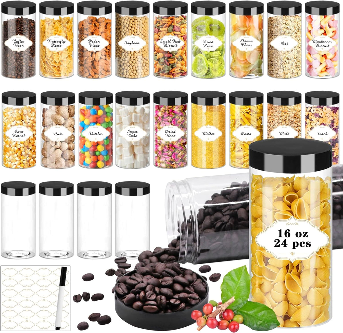 Plastic Jars with Lids 16 OZ, Plastic Jars 24 Pcs Slime Containers with Airtight Screw On Lids Leak