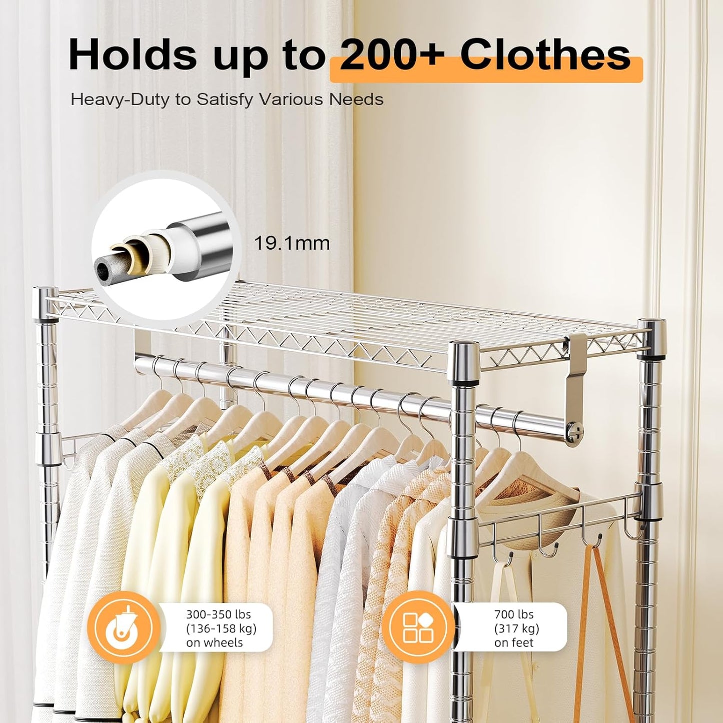 Heavy Duty Rolling Garment Rack 3 Tiers Adjustable Wire Shelving Clothes Rack with 2 Rods and Side