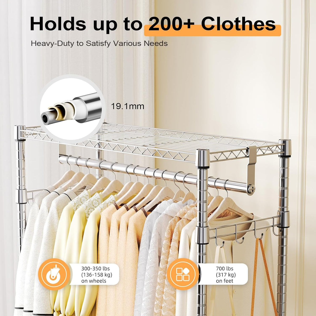 Heavy Duty Rolling Garment Rack 3 Tiers Adjustable Wire Shelving Clothes Rack with 2 Rods and Side