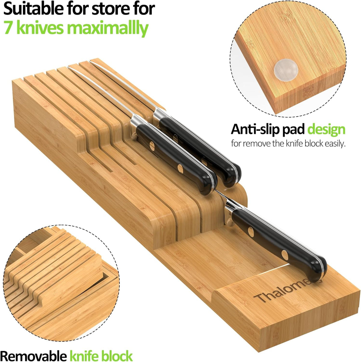 Bamboo Kitchen Drawer Organizer, Expandable Utensil Organizer with Removable Knife Block, Cutlery