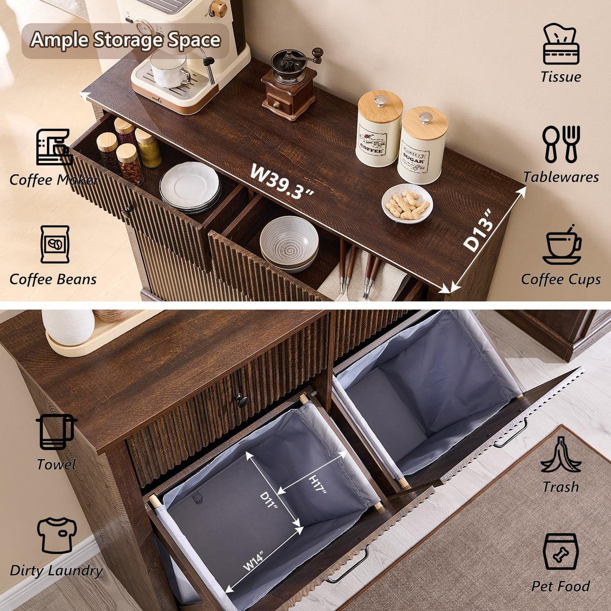 Modern Double Tilt-Out Trash Cabinet, 20 Gallon Fluted Laundry Hamper Cabinet with 2 Drawers
