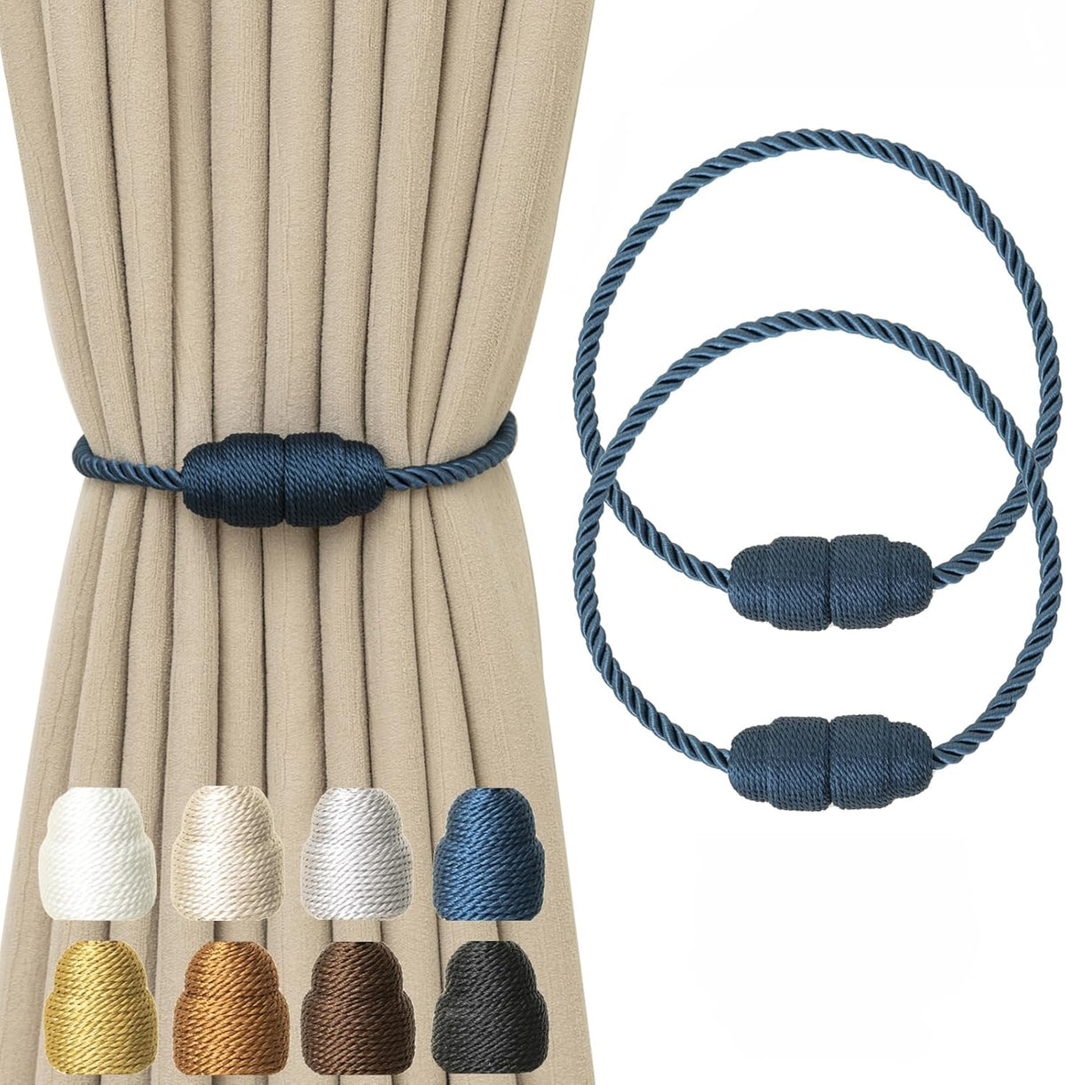 Magnetic Curtain Tiebacks - Rope Tiebacks for Curtains & Drapes, Decorative Window Holdbacks (2