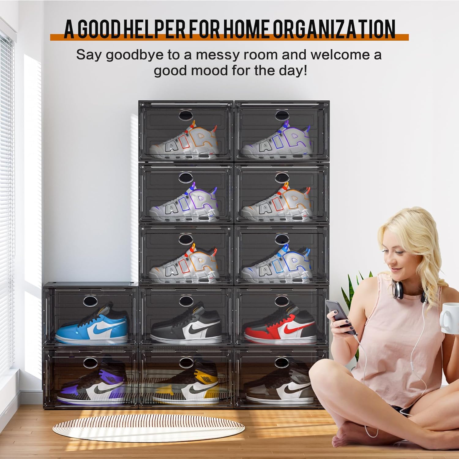 KEFA XL Shoe Storage Box Organizer, 8 Pack Shoe Boxes Clear Plastic Stackable, Sneaker Display Case