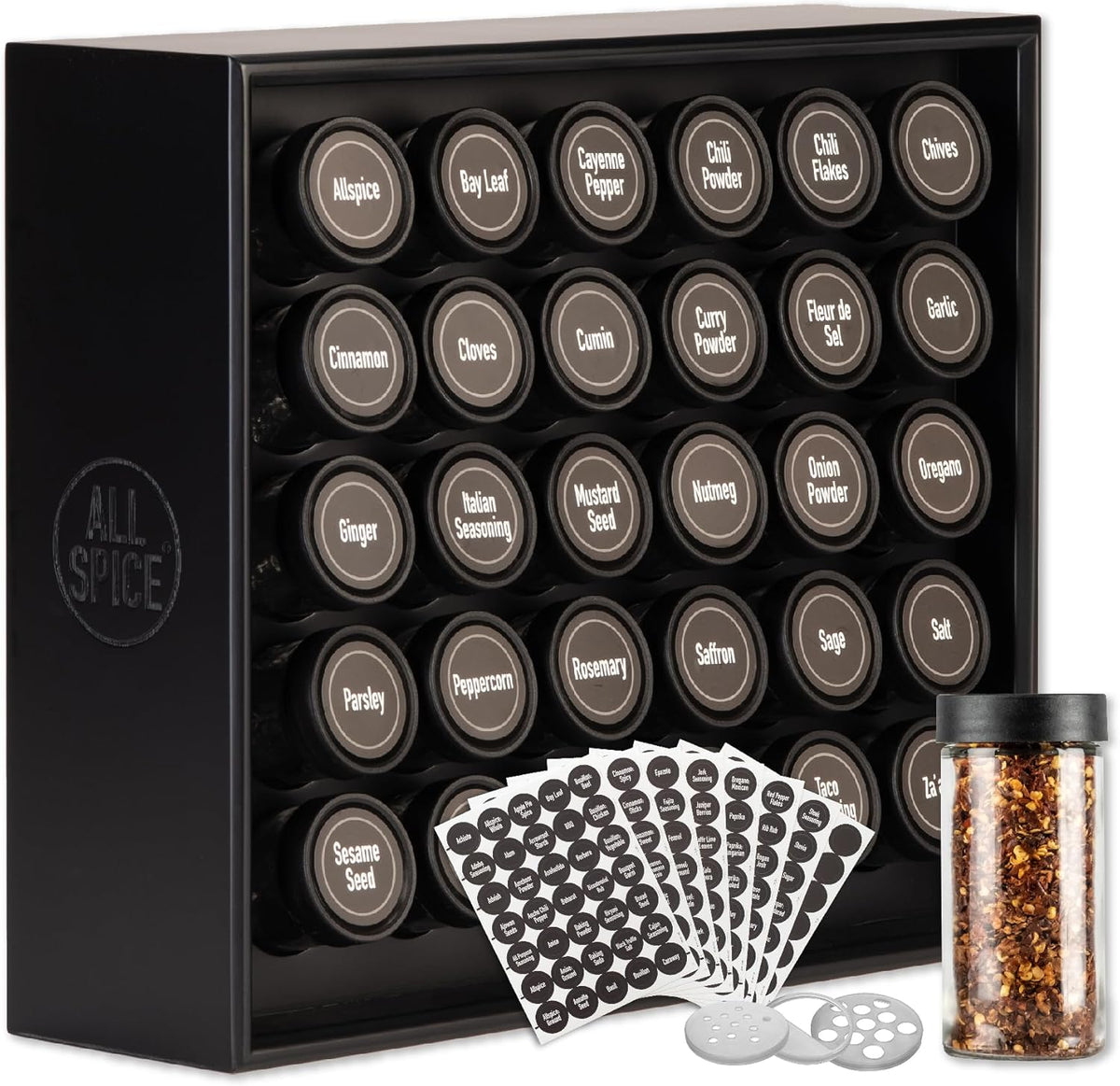 AllSpice Spice Rack Organizer, Wood, 525 Unique Labels, Countertop or Wall Mount, Includes 30 4oz