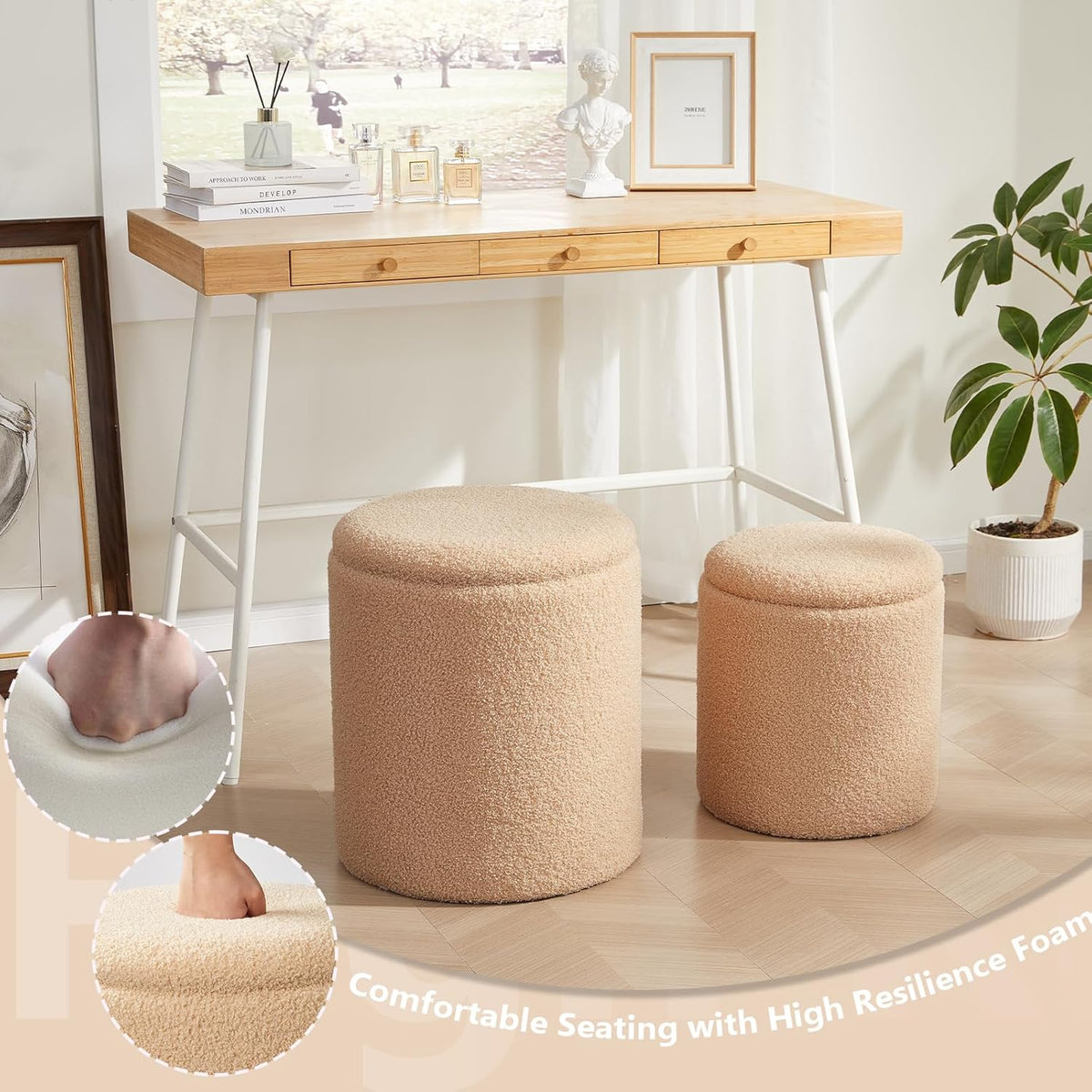 Boucle Round Ottoman with Storage Set of 2,Small Foot Stool Ottoman for Living Room, Small Coffee