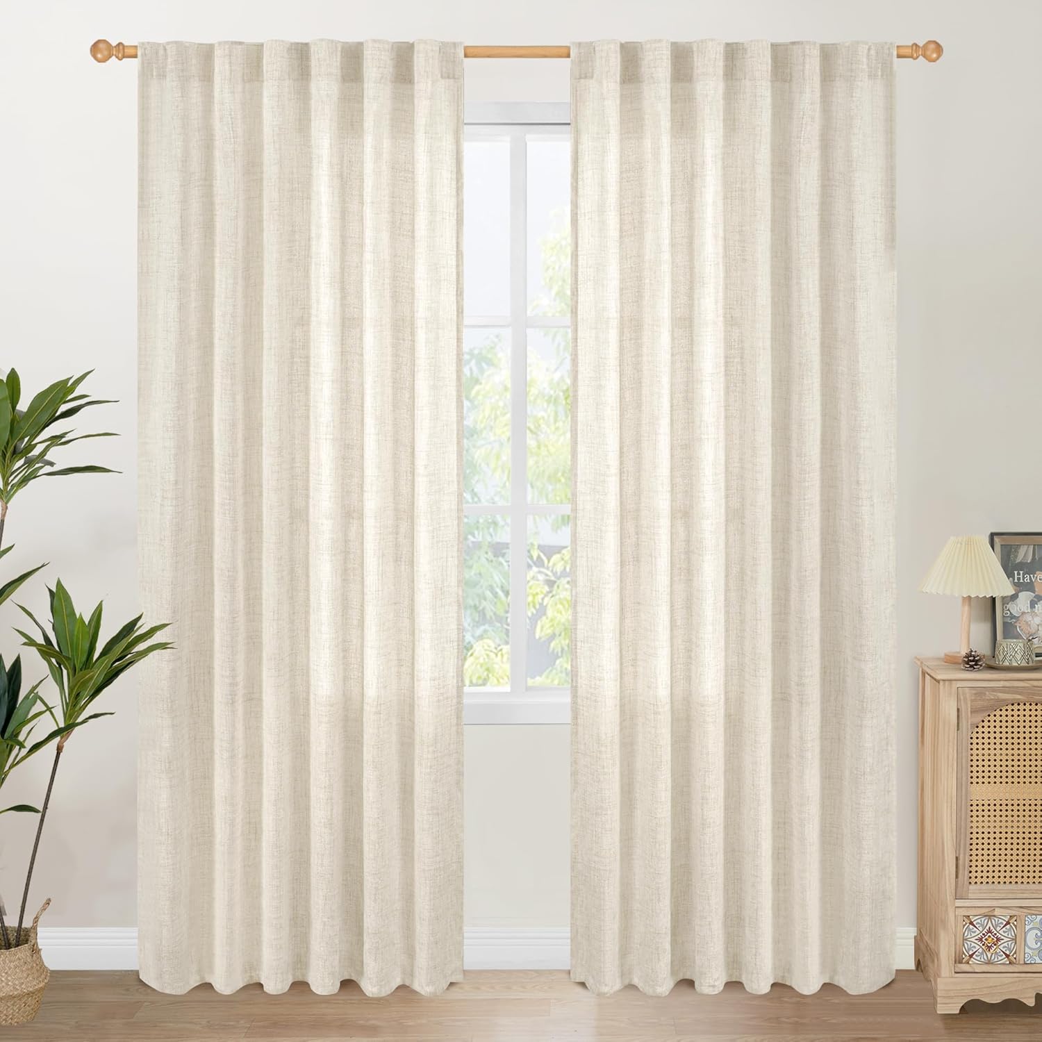 YoungsTex Linen Curtains 80 Inch Length for Living Room, Light Filtering Semi Sheer Drapes with