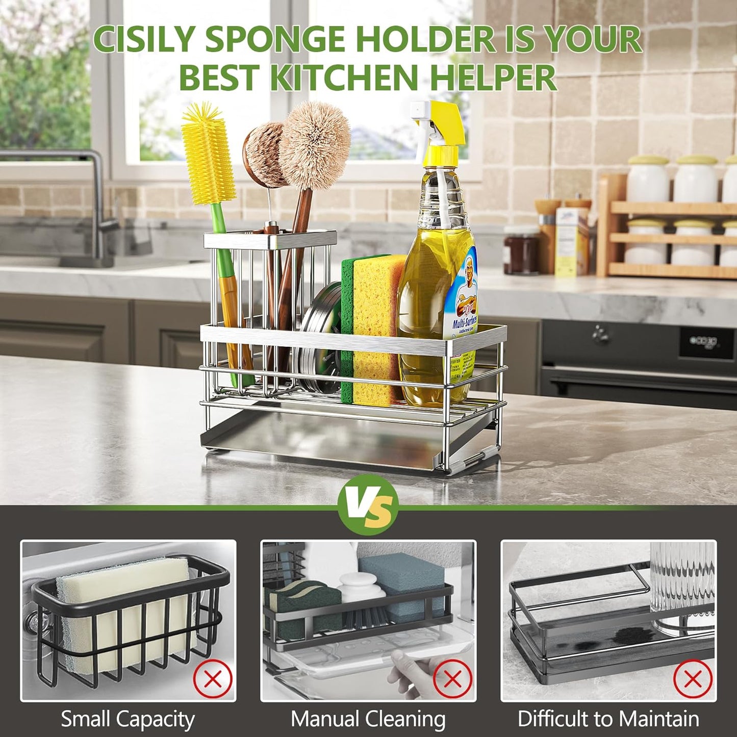 Cisily Sink Caddy Sponge Holder for Kitchen with Brush Holder and Stainless Steel Self Drain Tray