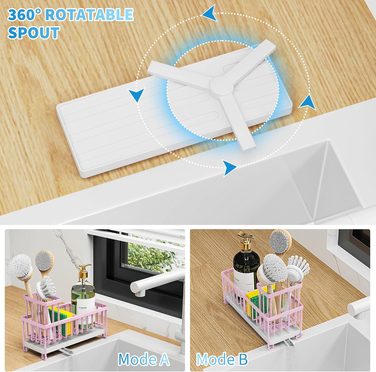 Cisily Pink Sponge Holder for Kitchen Sink, Sink Caddy Organizer with High Brush Holder, Countertop