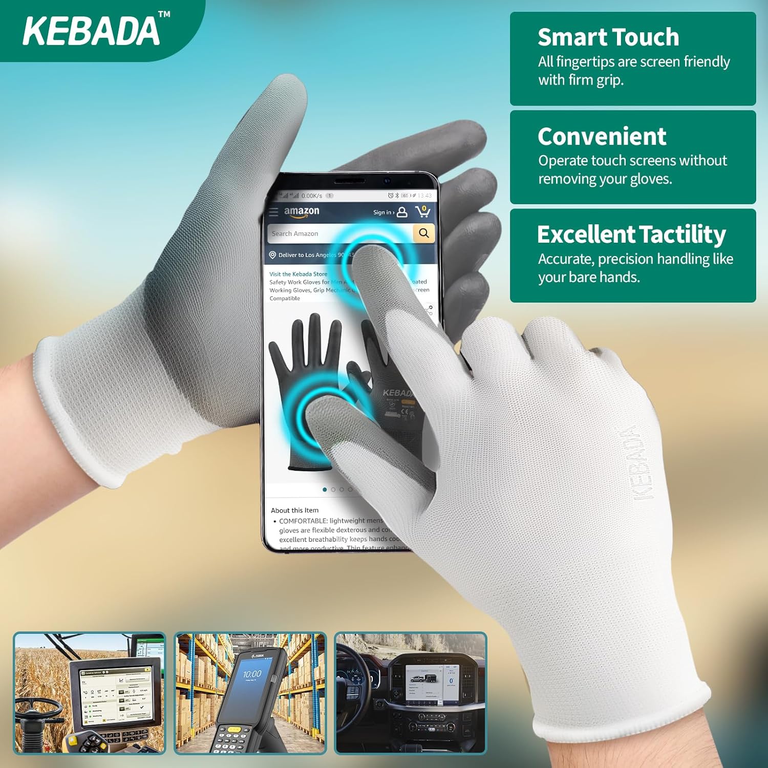 Kebada W1 Work Gloves for Men and Women, 12 Pairs Touchscreen Safety Gloves with Grip, PU-Coated