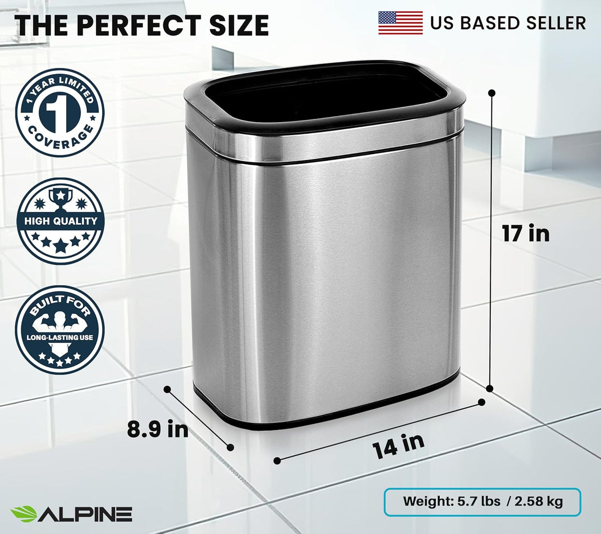 Alpine Stainless Steel Open Top Trash Can 5 Gallon - 20L Garbage Can for Kitchen, Bathroom, Office