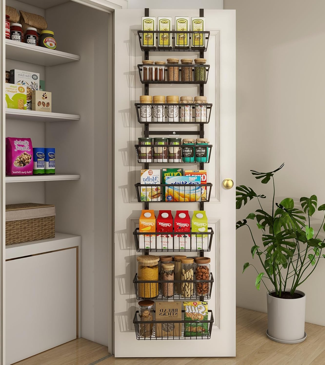 12 Inch Wide Narrow Over The Door Pantry Organizer, Pantry Organization and Storage, Black 8-Tier