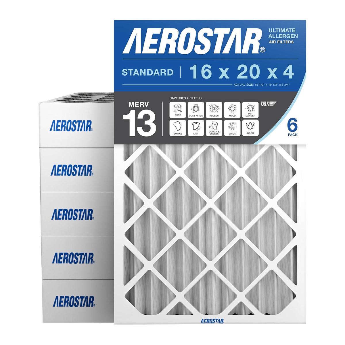 Aerostar 16x20x4 MERV 13 - 6 Count - Pleated HVAC, Furnace & Air Conditioner Filters - Removes