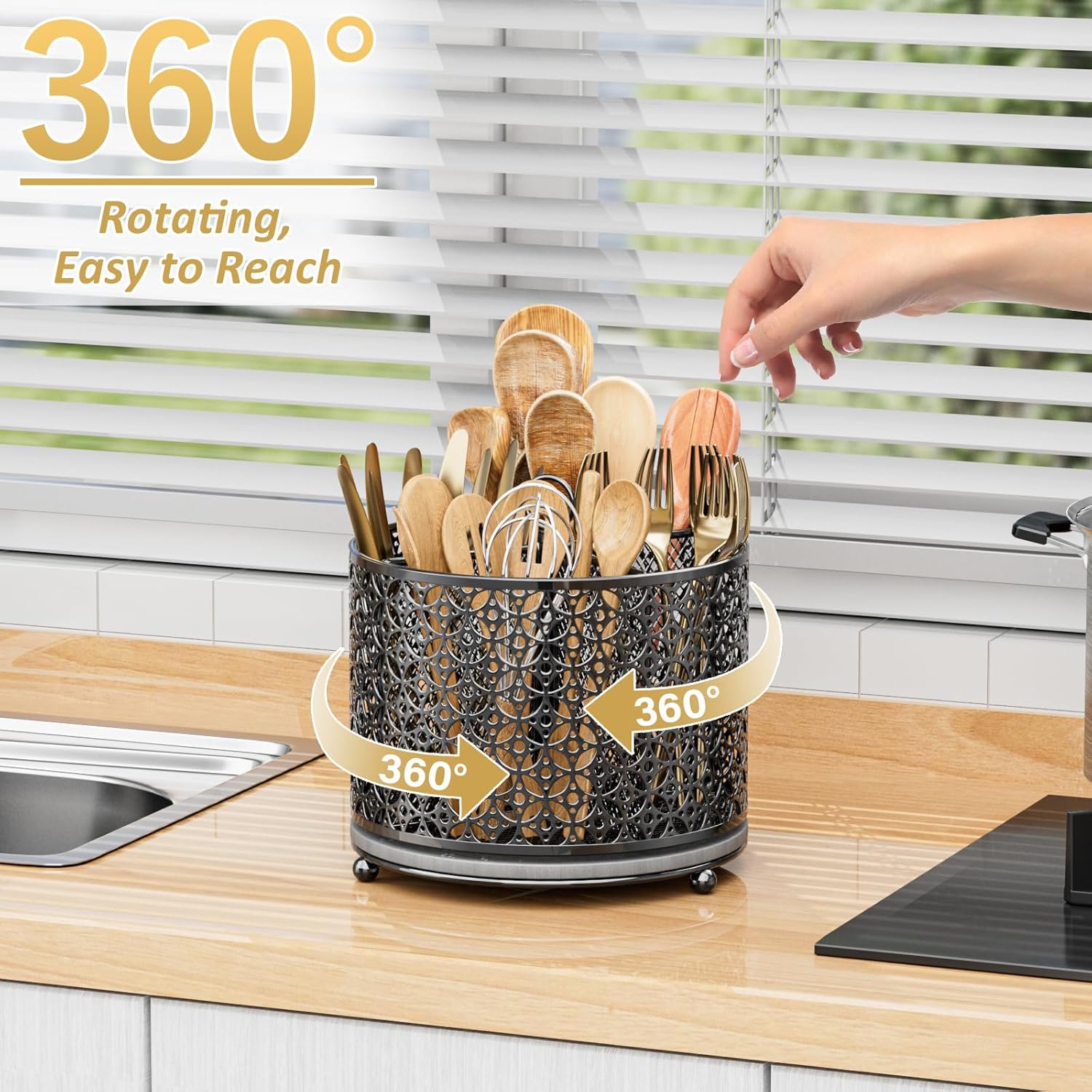 360° Rotating Utensil Holder Caddy - Fast-Drying Silverware Flatware Organizer - 4 Compartment