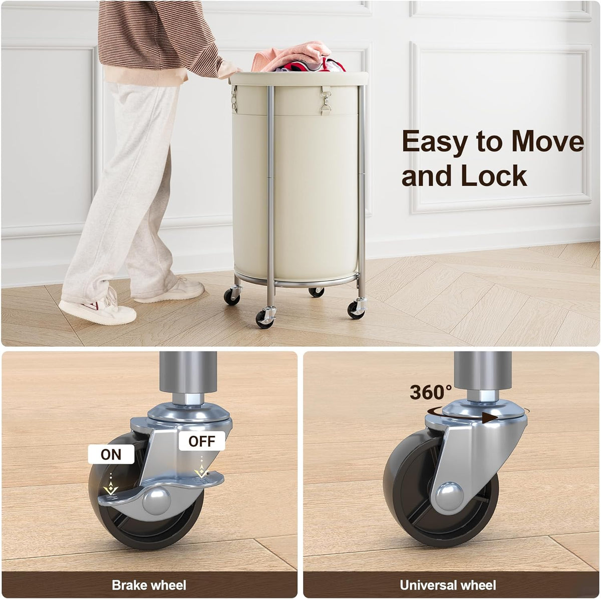 ELYKEN Laundry Hamper with Wheels, 110L Rolling Laundry Basket, Round Laundry Cart with Steel Frame