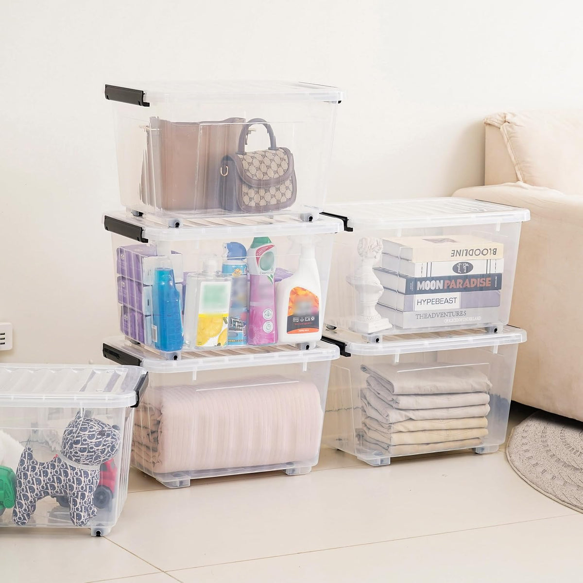 Citylife 54 QT Clear Plastic Storage Bins with Lids Stackable and Nestable Storage Boxes with Lids