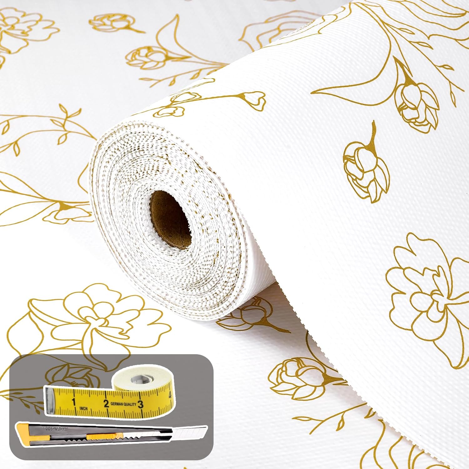 Shelf Liners for Kitchen Cabinets Non Adhesive Drawer Liner 23.6in x 20FT Gold Floral Thickened