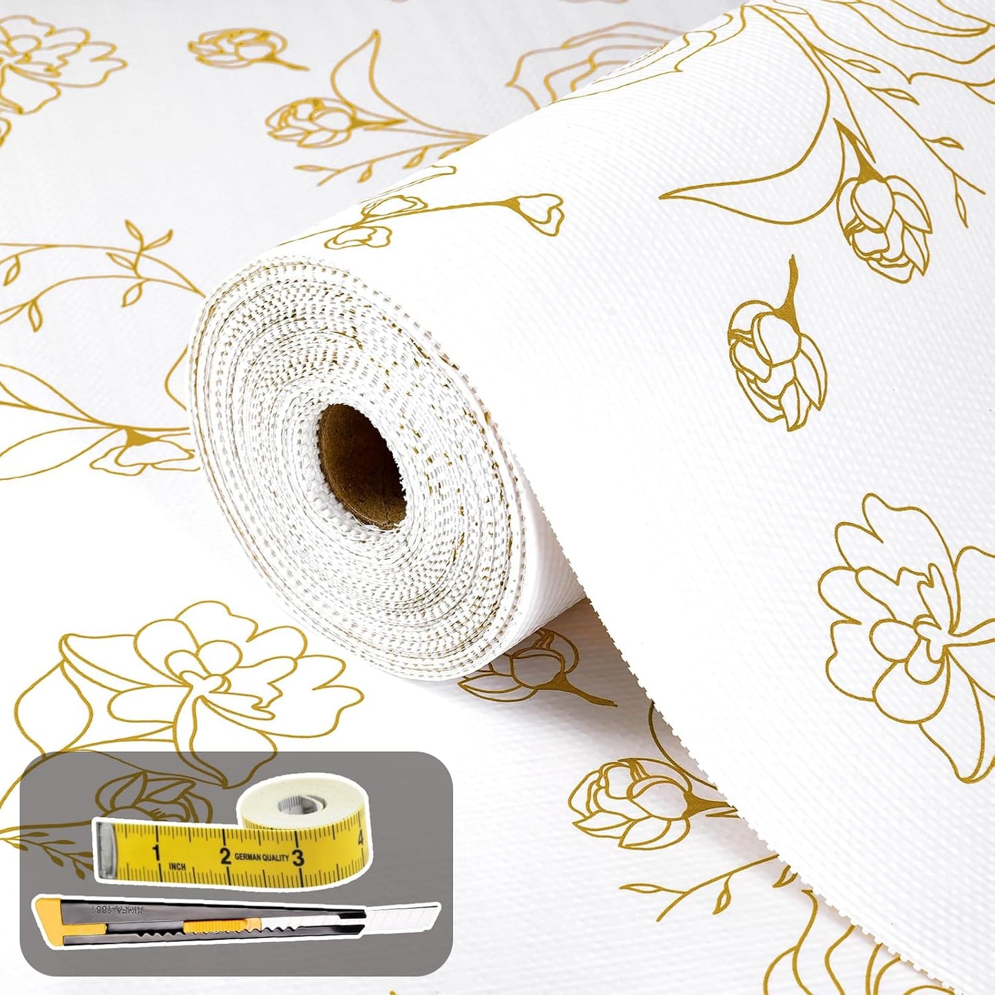 Shelf Liners for Kitchen Cabinets 17.5in x 20FT Non Adhesive Drawer Liner Gold Floral Thickened